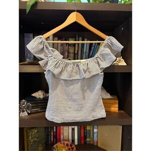 Maeve x Anthropologie Black & White Stripe Ruffle Neckline Blouse Size Small